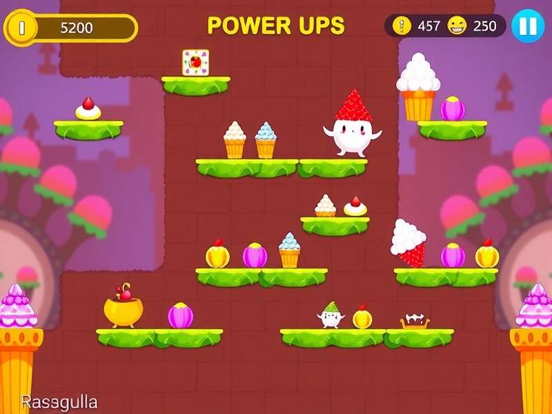 Rasgulla World gameplay screenshot showing colorful dessert-themed levels